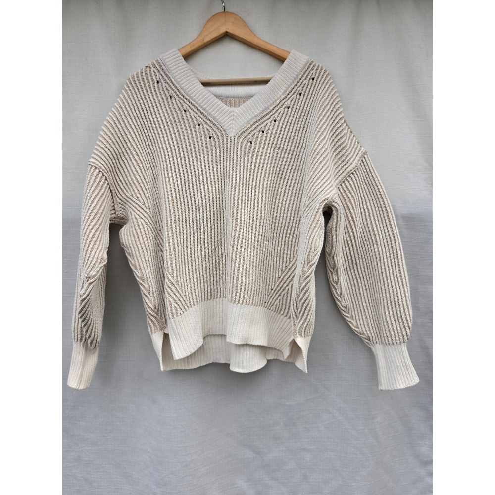 Aerie Sweater Womens XS Cream Tan Ribbed Chunky Knit V Neck Slouchy Pullover